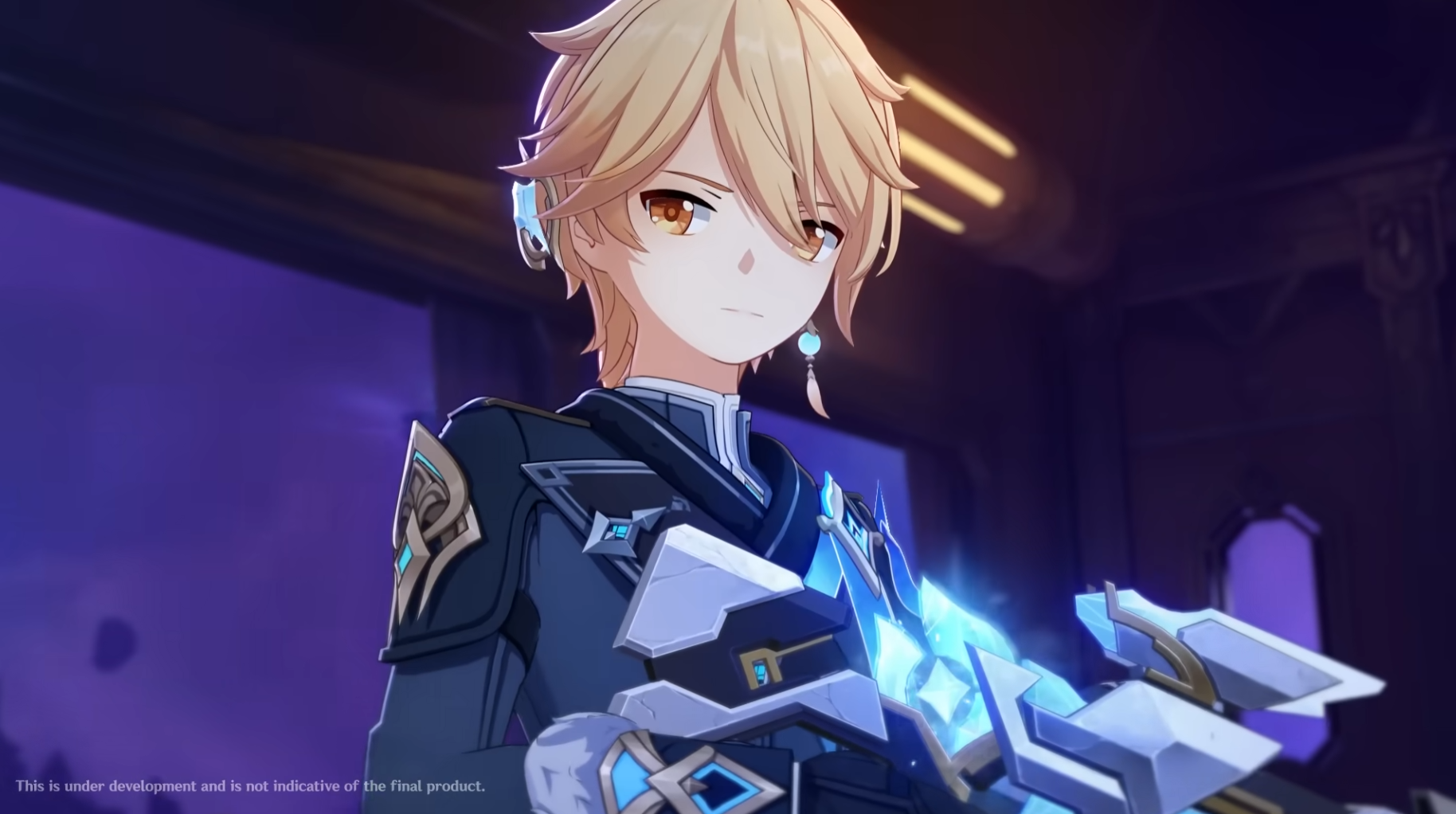 Aether holding a gun in Genshin Impact, Cryo resonance, located inside a train cabin