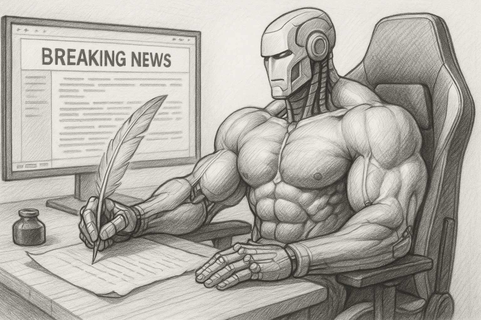 Artificus Intelliberg in the process of writing a comprehensive news article, autoportrait